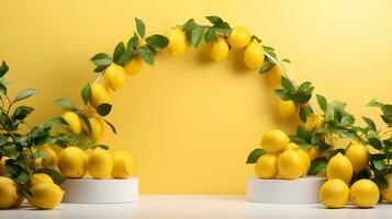 AI Generated Empty podium on light architectural background surrounded by lemons. Abstract background with minimalist style for product brand presentation. photo