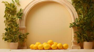 AI Generated Empty podium on light architectural background surrounded by lemons. Abstract background with minimalist style for product brand presentation. photo