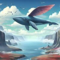 Epic Skies, Majestic Whales Soaring with Wings in a Surreal Landscape. AI Generated photo