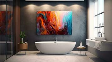 Modern bright bathroom interiors with art wallpaper. AI Generated. photo