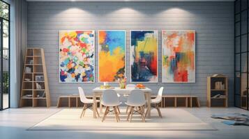 moderno brillante comida habitación interiores con Arte fondo de pantalla. ai generado. foto