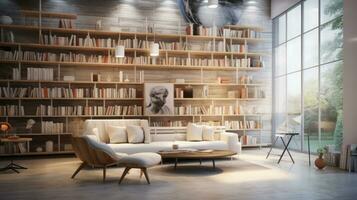 Modern bright living room and book shelf interiors with art wallpaper.AI Generated. photo