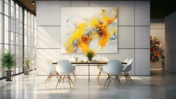 Modern bright dining room interiors with art wallpaper. AI Generated. photo