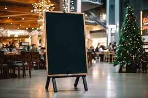 Empty blackboard sign mockup in front of a restaurant. Generative Ai photo