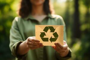 reciclar símbolo en mano y bolsa, sostenible y eco ambiente concepto. generativo ai foto