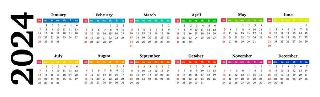 Horizontal calendar for 2024 isolated on a white background. Sunday to Monday, business template. Vector illustration