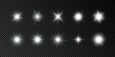 Light effect of lens flares. Set of ten white glowing lights starburst effects with sparkles on a dark background. Vector illustration