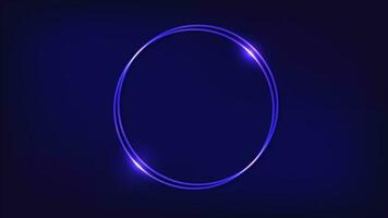 Neon double round frame with shining effects on dark background. Empty glowing techno backdrop. Vector illustration.