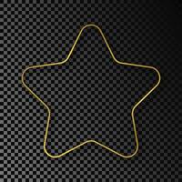 Gold glowing rounded star shape frame with shadow isolated on dark background. Shiny frame with glowing effects. Vector illustration.