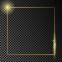 Gold glowing square frame isolated on dark background. Shiny frame with glowing effects. Vector illustration.