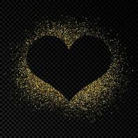 Heart shape frame with golden glitter on dark background. Greeting card with empty dark background. Vector illustration.