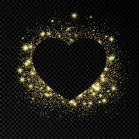 Heart shape frame with golden glitter on dark background. Greeting card with empty dark background. Vector illustration.