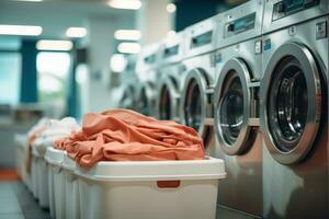 Row of washing machine of laundry business in the public store. Generative AI photo