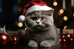 dog and cat of a kitten in a Christmas santa hat, close-up. Generative AI photo