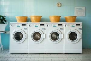 Row of washing machine of laundry business in the public store. Generative AI photo