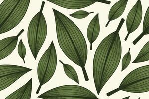 Flat decorative tropical green leaf, sketch style. Vector natural seamless pattern.