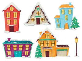 Set of vector isolated cartoon houses or cottages, with Christmas decorations and fir tree.
