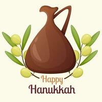 Hanukkah greeting card with bonze jug with olive oil and olive branches. vector