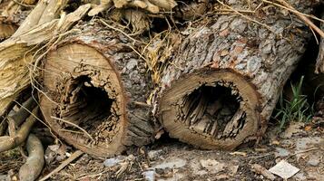 spelled old trees,cut trees, harvesting firewood for winter,Stacked of wood after being cut,Hollow in a dry tree in nature closeup.Cross section of a hollow tree trunk,Close up of a hollow in the tree photo