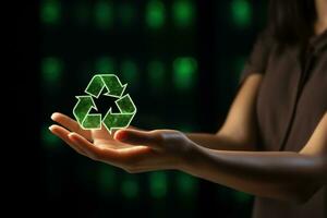 Recycle symbol on hand and bag, sustainable and eco environment concept. Generative AI photo