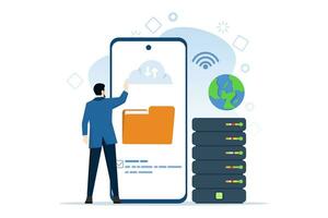 Cloud technology concept. cloud computing, online database, web hosting, web data center. characters store data on cloud servers. Vector illustration for web banner, infographic, mobile app.