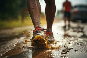 Group of close legged runners running on land . Athletics in the mud. Image generated by AI. photo