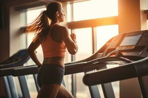 Woman jogging on the exercise machines in the gym. Generative Ai. photo