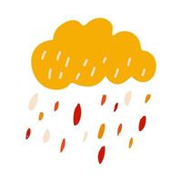 linda pequeño nube en dibujado a mano estilo. vector para niños ilustración. amarillo nube con gotas de lluvia. blanco aislado antecedentes.