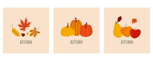 Vector set of fall greeting cards with pumpkins, leaves, fruits. Greeting card, poster, template. Autumn mood. Thanksgiving invitation. Minimalist postcard with autumn theme. Hand-drawn style.