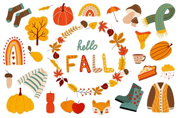 Vector set of autumn elements. Autumn season. Leaves, acorns, sweater, scarf, pumpkins, boots, mushroom, pie, rainbow, lettering Hello Fall. Collection of fall elements for scrapbooking.poster, banner
