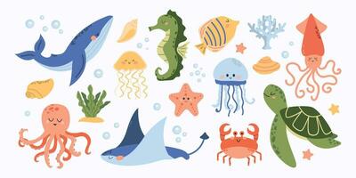 Vector set of marine life. Fish and wild marine animals isolated on white background. Sea life. Cute whale, squid, octopus, stingray, jellyfish, fish, crab, seahorse. Algae and seashells. Cartoon