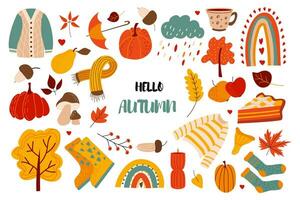 linda otoño conjunto con hojas, bellotas, suéter, calabazas, hongos, tarta, arco iris y texto Hola otoño . adecuado para para niños proyectos, álbum de recortes vector ilustración con aislado antecedentes