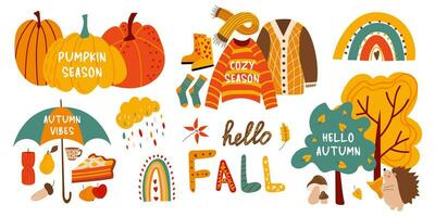 Vector Autumn Set. Set of pumpkins, autumn clothes, leaves, trees.  Collection of fall elements for scrapbooking. Beautiful poster, banner, poster. Hello fall, autumn vibes. White isolated background.