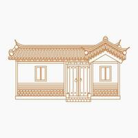 Editable Vector Illustration of Wide Traditional Hanok Korean House Building in Outline Style for Artwork Element of Oriental History and Culture Related Design