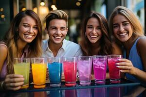 variedad de alcohólico bebidas y alegre negocio persona. generativo ai foto