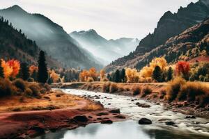 vibrant autumn landscape with mountain and lake reflection, created with generative ai photo