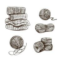 Hand-drawn sketch of balls of yarn, wool, knitted goods. Knitwear, handmade, knitting equipment concept in vintage doodle style. Engraving style. vector