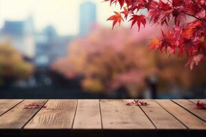 wooden table mockup, product display on autumn . Generative AI. photo