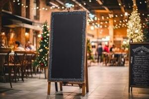 Empty blackboard sign mockup in front of a restaurant. Generative Ai photo