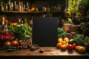 Empty blackboard sign mockup in front of a restaurant. Generative Ai photo