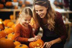 Stunning close-up photograph of a child and their mother carving pumpkins for Halloween, emphasizing the creative side of the season and the emotional connection between them. Generative AI photo