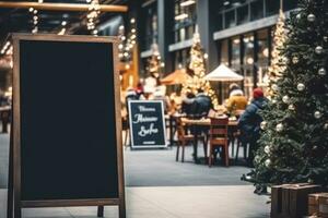 Empty blackboard sign mockup in front of a restaurant. Generative Ai photo