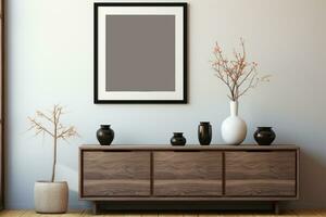 minimalist living room blank frame mockup . Generative AI photo