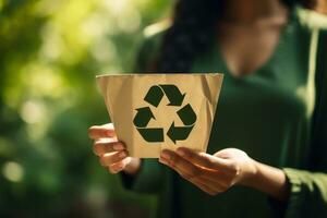 Recycle symbol on hand and bag, sustainable and eco environment concept. Generative AI photo