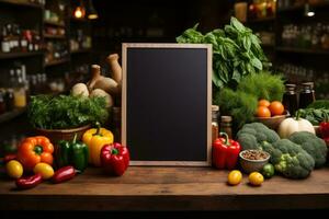 Empty blackboard sign mockup in front of a restaurant. Generative Ai photo