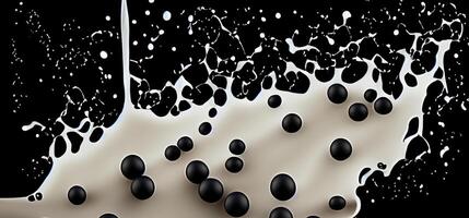 AI Generative Bubble milk tea with tapioca balls splashing against black background. Taiwan milk tea with Boba or black pearl bubbles. Taiwanese drinking. Orange Latte milktea splash isolated on black photo