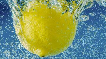 Underwater lemon slice in soda water or lemonade with bubbles. photo