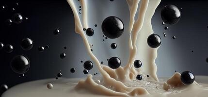 Bubble milk tea with tapioca balls splashing against black background. Taiwan milk tea with Boba or black pearl bubbles. Taiwanese drinking. Orange Latte milktea splash isolated on black photo