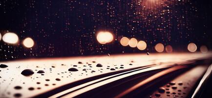 Rain shower on car windshield or car window and blurry road in background. photo