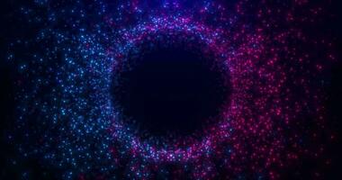 Abstract round sphere of shiny pink and blue particles of magical glow on a dark background, energy ball of bright dots, movement of a spherical ball. Seamless looping 4k video